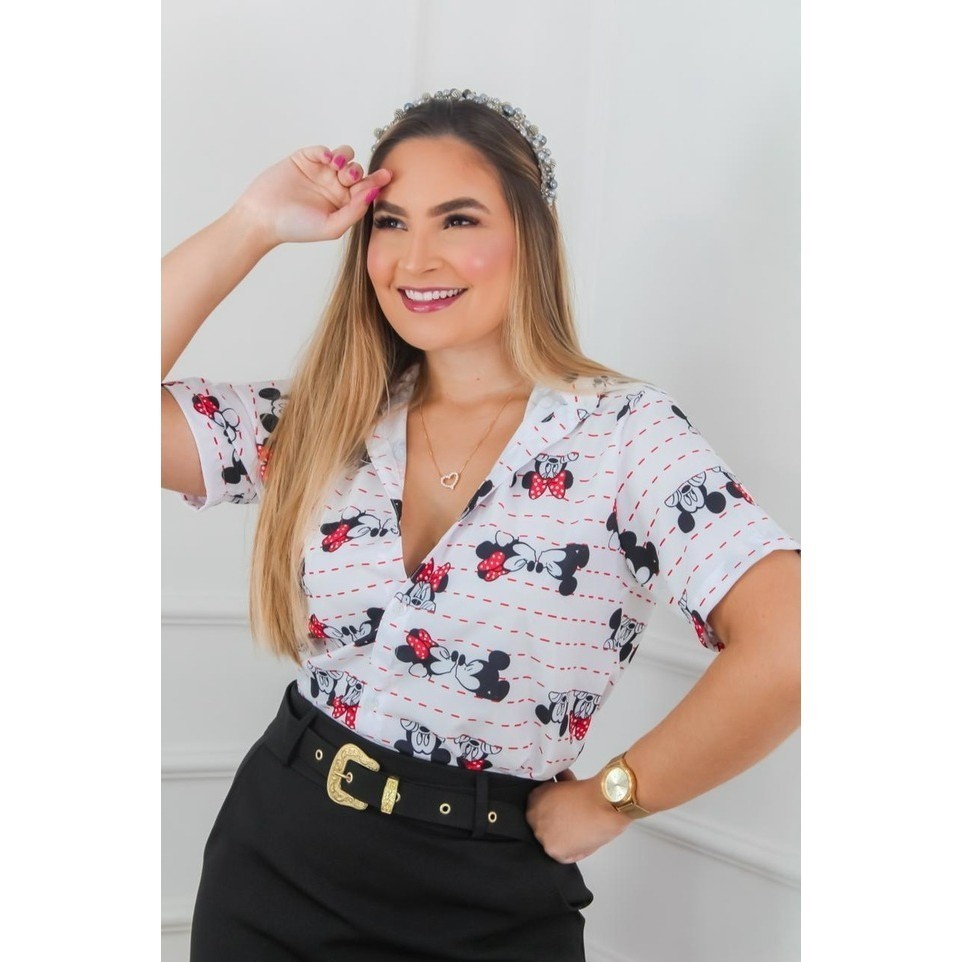 Camisa Social Botão Divertida Unissex Minnie e Mickey Love