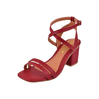 Sandália Salto Grosso Rosa Chic Calçados Feminino Salto Baixo Bloco Bico Quadrado Vermelho