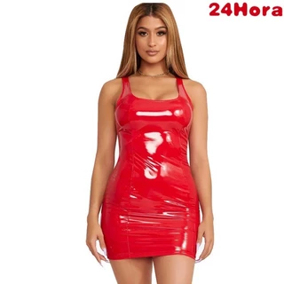 Vestido de couro Prom Party Vermelho Sexy Sleeveless Artificial Leather Zipper PU Elastic Round Neck Vestido Curto