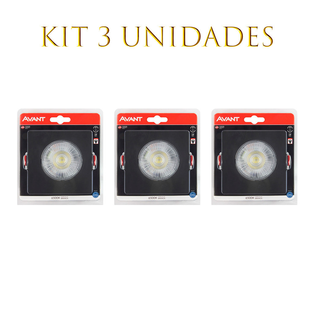 Kit 3 Spot Embutir Led 5w Quadrado Avant Preto Frio Direcionável Bivolt ...