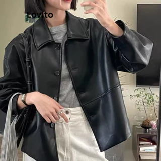 Lovito Casual Jaqueta Feminina Lisa com Botão Frontal LNE30130 (Preto)