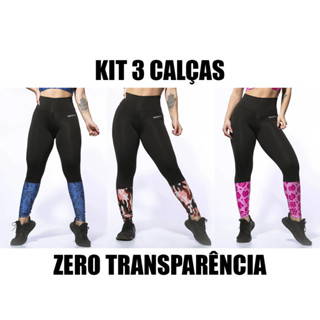 Kit 3 Calças Legging Academia Feminina Zero Transparência Sublimada Azul, Marrom e Rosa - Empina Bumbum Suplex Fitness