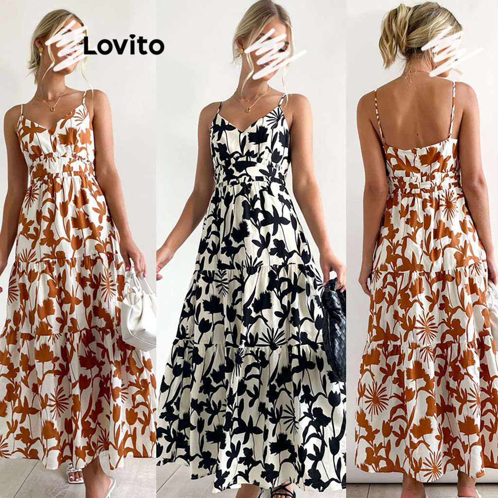 Lovito Vestido Elegante Com Flores Florais Para Mulheres LNL39193 (Marrom Preto)