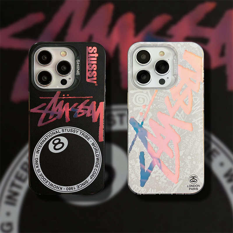 【 Stussy 】 Plating Estojo Prateado Para iPhone 11 12 13 14 15 Pro Max Square Straight Edge Luxo Fibra De Carbono À Prova De Choque Capa Dura De Telefone