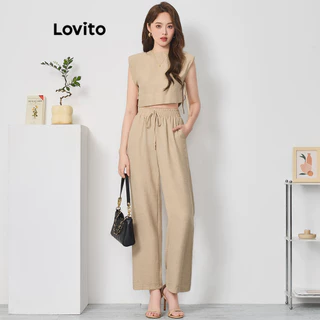 Lovito Conjunto de Calças com Amarração Liso para Mulheres LNL36006 (Caqui)