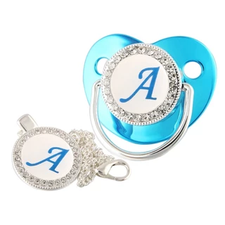 26 Letras Pacifier Bebê Prata Azul Metálico Com Corrente em Oferta na Shopee