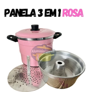 Panela Multiuso 3 em 1 Cuscuzeira Na Cor Rosa Pudim Legumes No Banho Maria e Caçarola