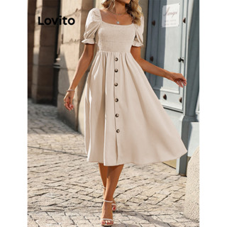 Lovito Vestido Feminino Casual Liso Com Botão Frontal LBL07187