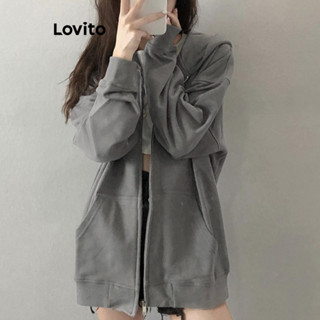 Lovito Casual Moletom Feminino Liso com Zíper e Fecho Frontal LNA29329 (Cinza Escuro)