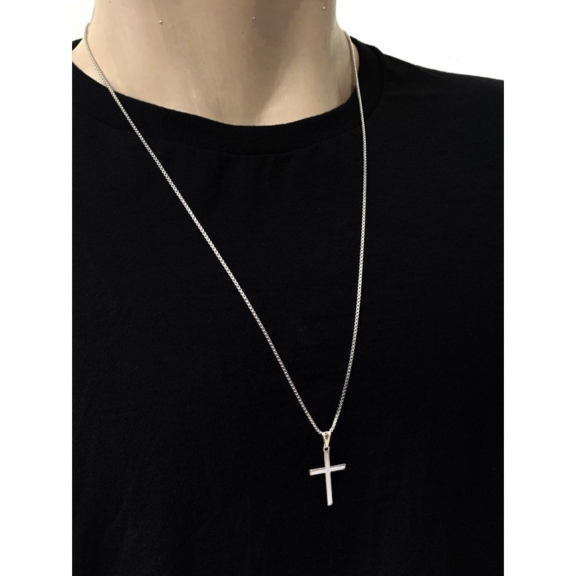 Exclusivo Colar Corrente Masculino Tijolinho 2mm Aço Inox Prata cordão + Pingente Cruz