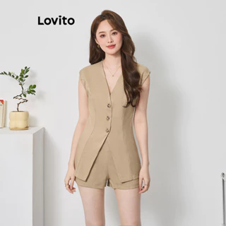 Lovito Elegante Conjunto de Calça com Botões Frontais e Bolsos para Mulheres L74ED221