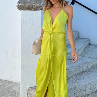 Feminino sexy verão curto estilingue vestido amarelo sem mangas