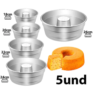KIT 5 Forma de Bolo 18,20,22,24 e 26cm Com Furo Central Ideal Para Bolos Pudim