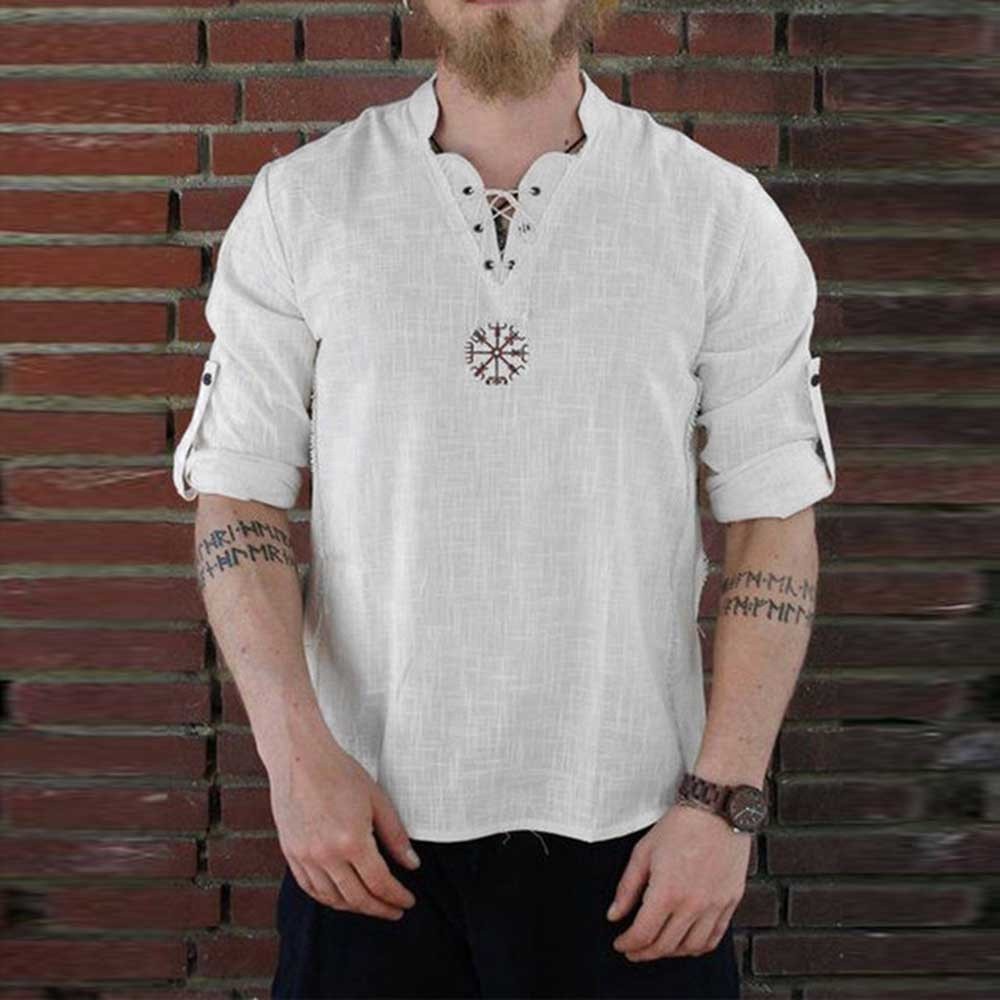 Camisa De Linho Pirata Viking Medieval Nórdica Cosplay Tee De Laço