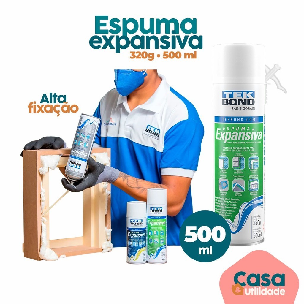 Espuma Expansivsa Adesivo de Poliuretano 500ml Preenche Espaços Madeira Metal Tek Bond