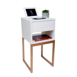 Mesa de Cabeceira Estilo Industrial Eco 30cm Base Dourada Gaveta Mesinha Criado Quarto Escritório