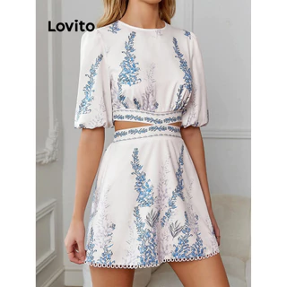 Lovito Elegante Vestido Feminino Florido de Gola Jabô e Costura de Tecido LBL07190