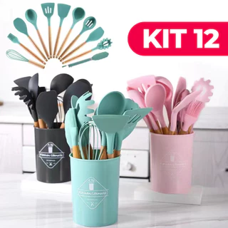 Kit De Utensílios De Cozinha 12 Peças De Colheres De Silicone Com Cabo De Madeira