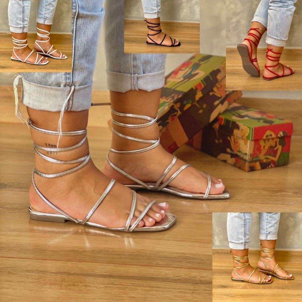 Sandália Rasteirinha de Tira e Amarração Feminina