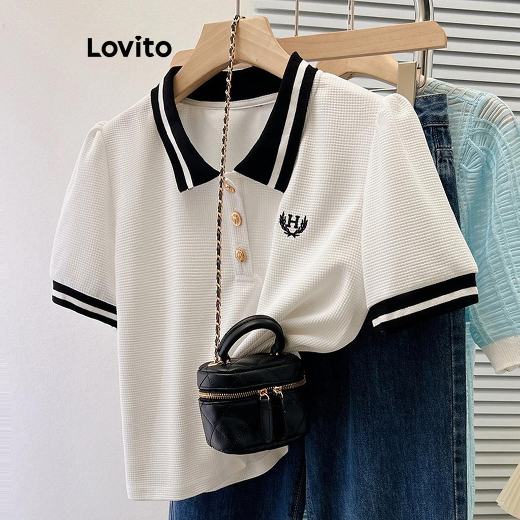 Lovito Camiseta Feminina Casual Com Bordado E Contraste Simples LNE40572