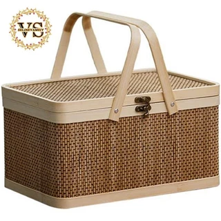 Cesta De Bambu Tecido Natural , Piquenique Com Tampa , Lanches Portáteis Armazenamento De Pão
