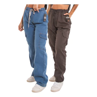 2 Calças Cargo Bolso Lateral Moda Feminina Street Sk8 Larga