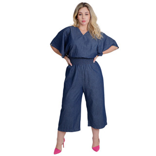 Macacão Feminino Jeans Wide Leg Elástico na Cintura Alice Azul