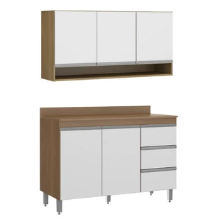 Kit Balcão Tampo com Armário Aéreo para Cozinha 120cm Branco