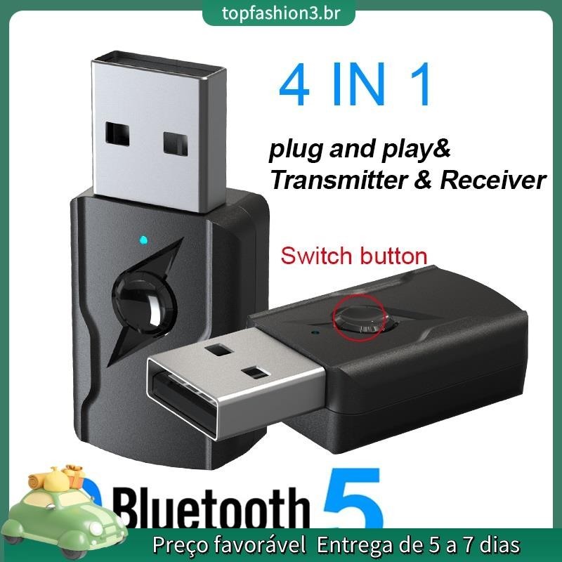 [Em Estoque] 4 1 Transmissor Sem Fio USB Bluetooth 5.0 Receptor 3.5mm AUx Adaptador De Áudio Para Speaker TV PC Car Kit