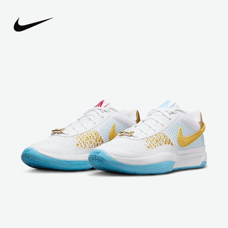 Nike Sapatos Masculinos Femininos Ano do Dragão CNY JA 1 Morante 1a Geração Sapatos Práticos de Basquetebol de Combate Branco Azul Ouro FV1291-100