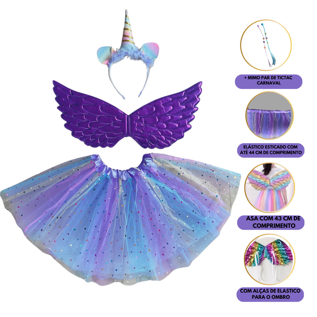 Fantasia Infantil Unicórnio Menina Com Saia Tule + Tiara Unicórnio ...