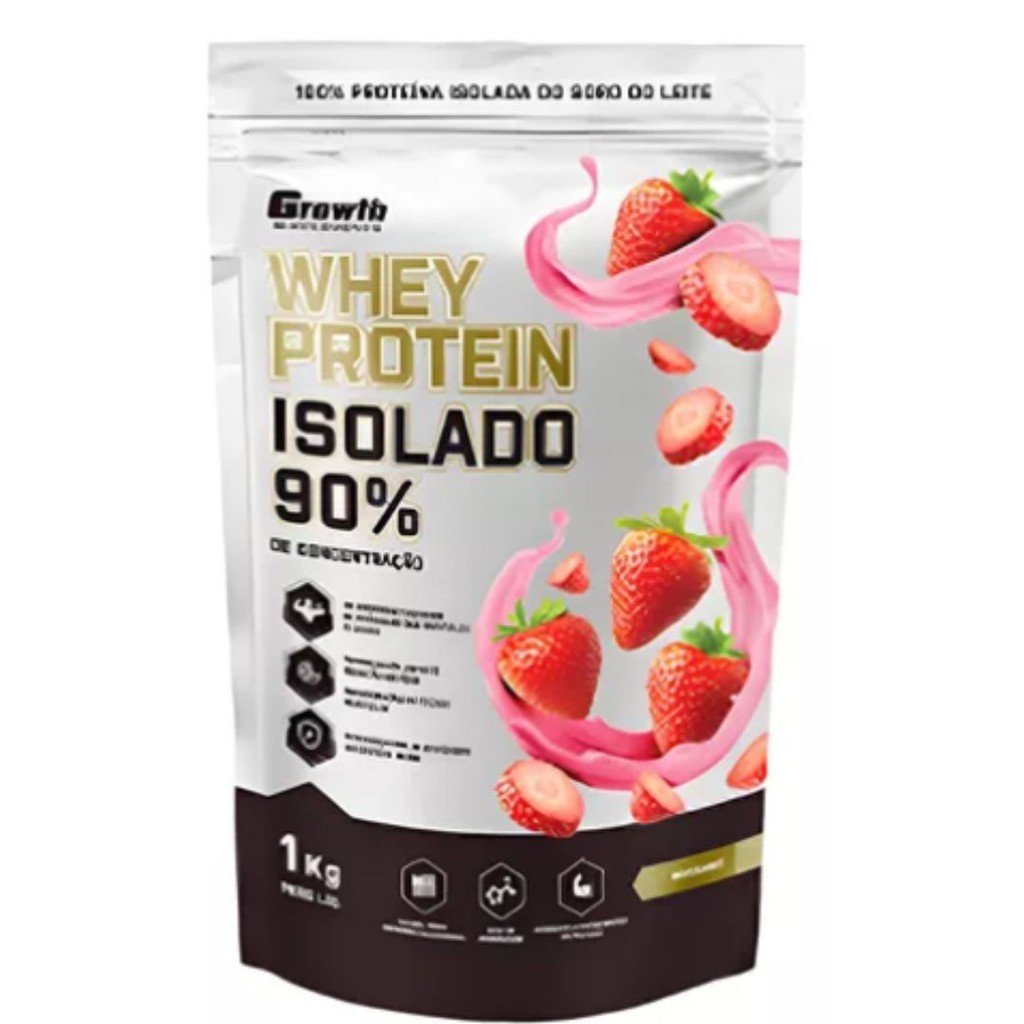 Whey Protein Isolado 90% Growth Sabor Morango | 1kg | Shopee Brasil