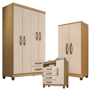 Guarda Roupa Modena 4P c/ Cômoda Gaveteira Cannes e Armário Recife Carvalho Americano Off White - Incorplac em Oferta na Shopee