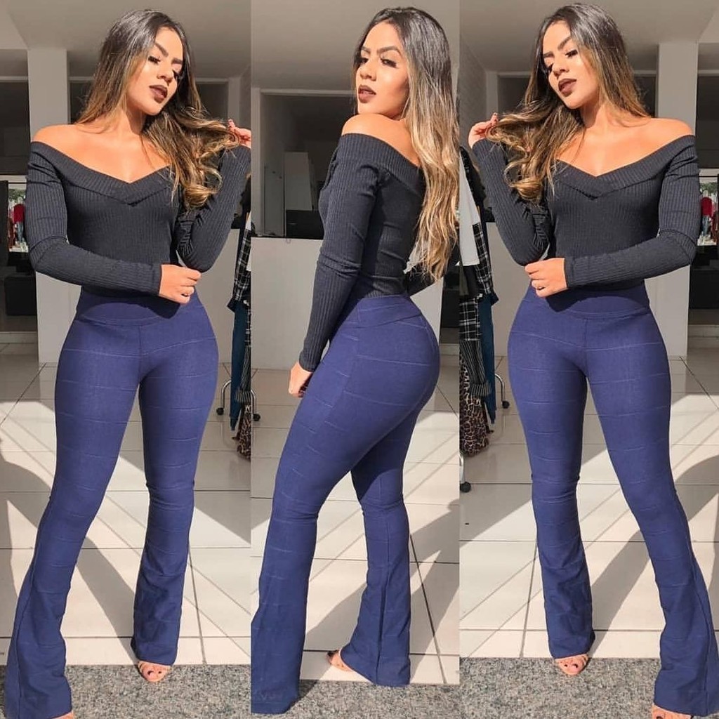 Calça Flare Feminina Cintura Alta Plus Size Bandagem Bailarina