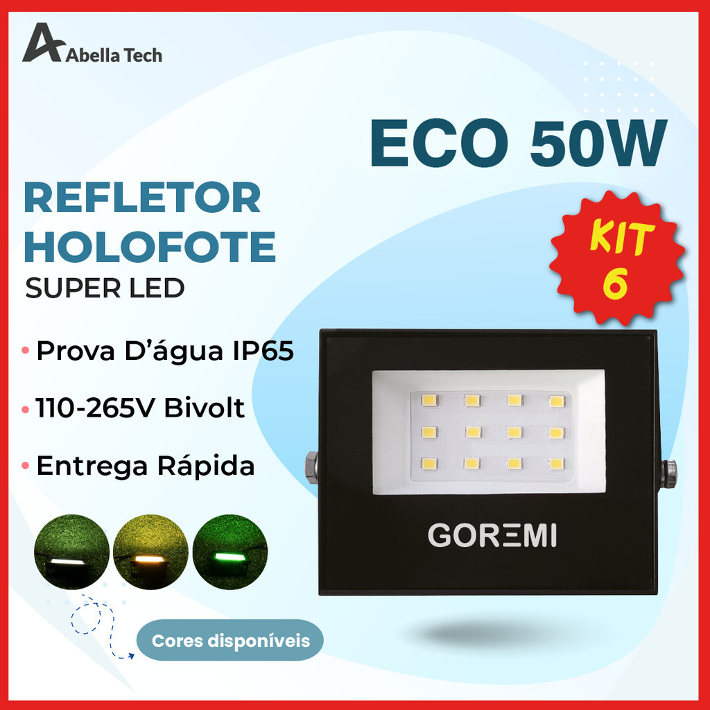 6 Holofote Refletor Led ECO Pro 50W Branco Frio 6500K (Luz Branca) Branco Quente (Luz Amarela) Verde (Luz Verde) | IP65 | Luz Econômica | Pronta Entrega