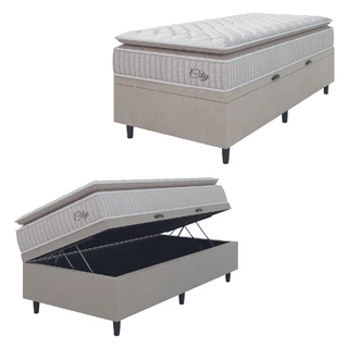 Cama Box Baú Colchão Solteiro Molas Ensacadas City Pillow Top 88x188x64cm Branco / Bege Hellen - Suporta até 110kg por Pessoa