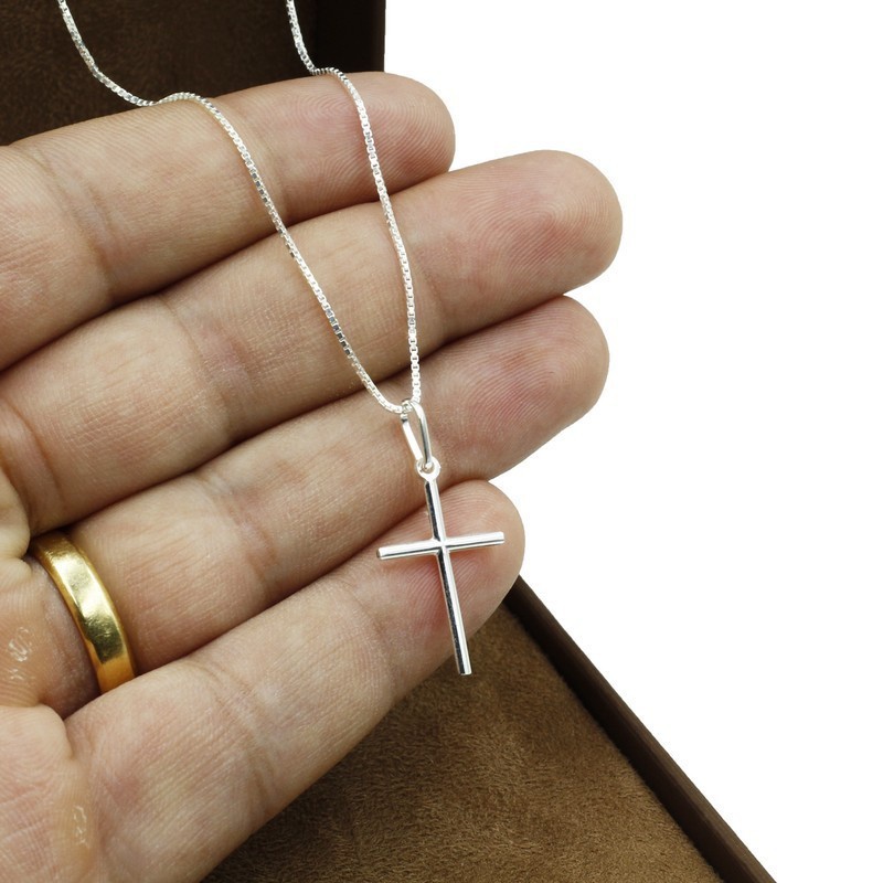 Corrente De Prata 925 Feminina Veneziana 50cm Pingente Cruz palito