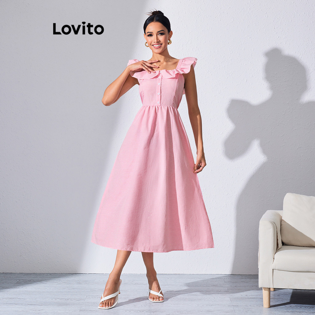 Lovito Vestido Casual Gingham Com Babados E Botão Frontal Para Mulheres LBL08127