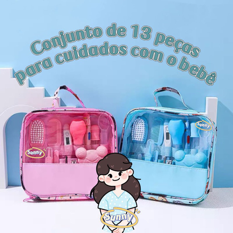 Bolsa Com Kit Para Cuidados De Higiene E Saúde Do Seu Bebê Com 13 Peças Contém Termômetro Escova Cortador E Outros Produtos