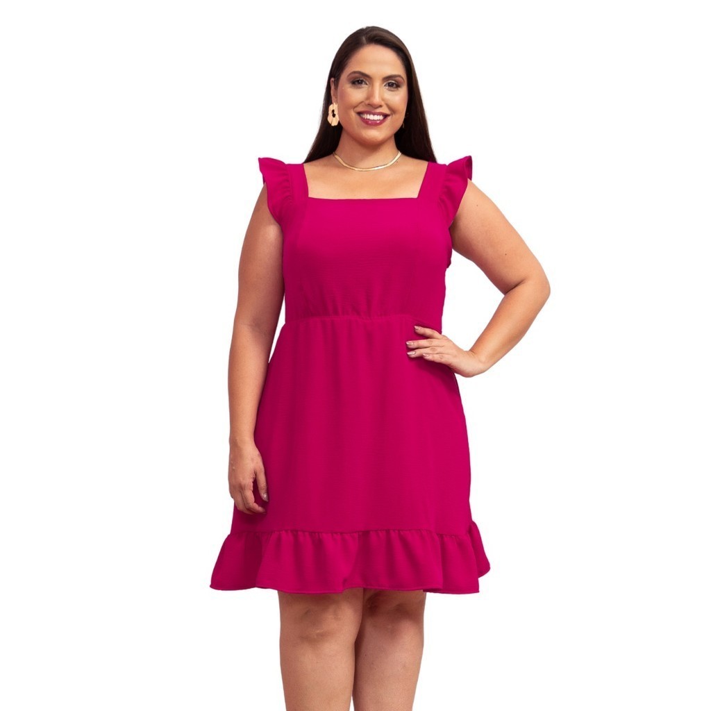 Vestido Feminino Curto Alça Larga Com Babados Plus Size Lastex Costas Crepe Duna Forrado