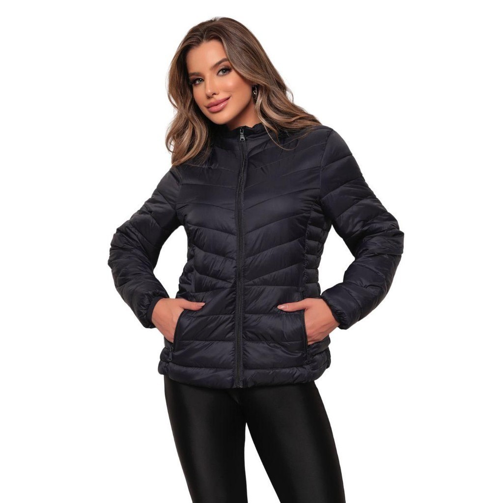 Jaqueta Puffer Feminina Bobojaco Forrado Com Touca Tendência Inverno