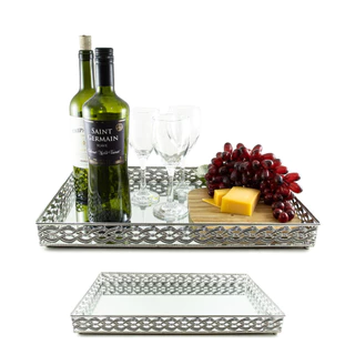 Bandeja Espelhada Decorativa Prata Grande Luxo Francesa Para Aparador Sala Festa Bar Banheiro Perfumes 45x30cm