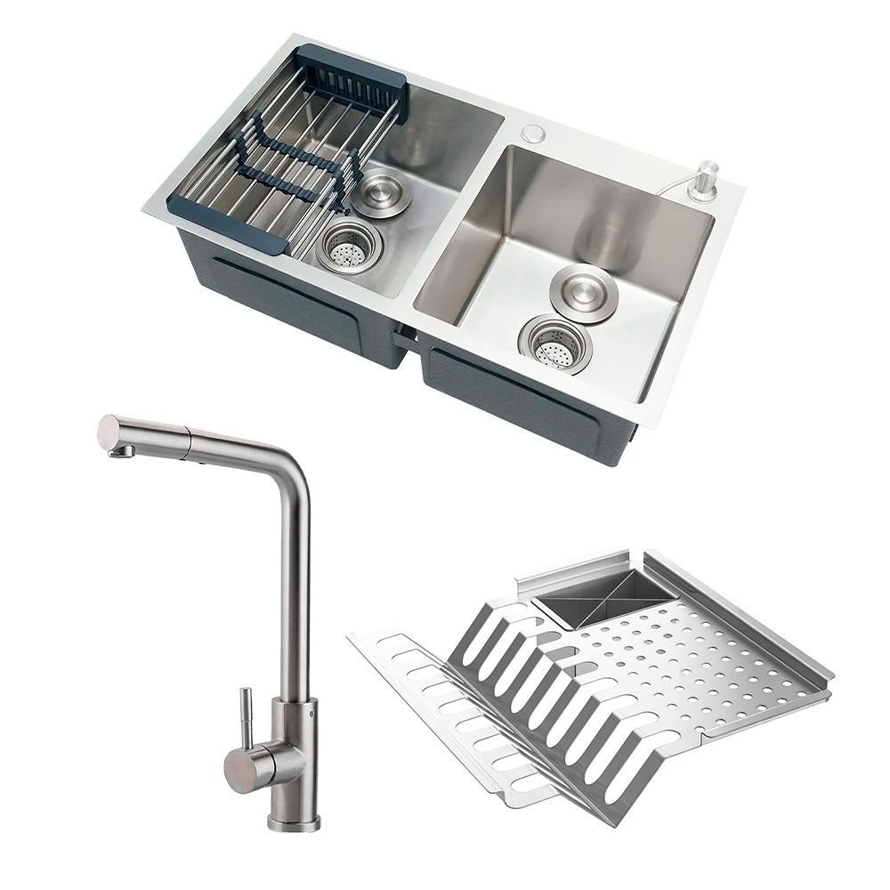 Cuba para Cozinha com Escorredor Awá e Torneira Misturador Monocomando Extensível Gurupi Pingoo - Prata