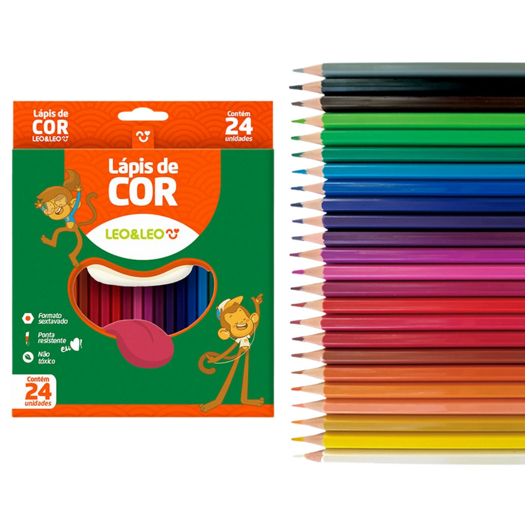 Lapis de Cor 24 Cores Sextavado Infantil Escolar Leo&Leo | Shopee Brasil