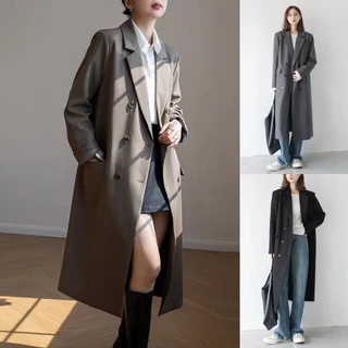 Trincheira Estilo Blazer Longo Cinzento Feminino Outono Inverno Novo Casaco Vintage