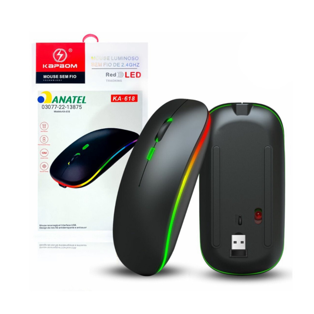 MOUSE LUMINOSO SEM FIO RECARREGAVEL 2.4GHZ KAPBOM KA 618 ORIGINAL 10 ...