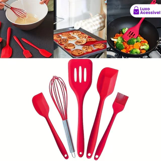 Conjunto De Utensílios De Cozinha De Silicone Com 5 Peças , Colher , Espátula , Faca E Escova