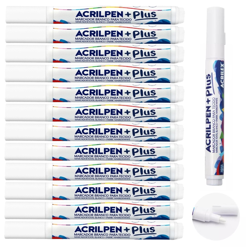 Caneta para Tecido Kit com 12 Canetas Branca Acrilex para Tecido ...