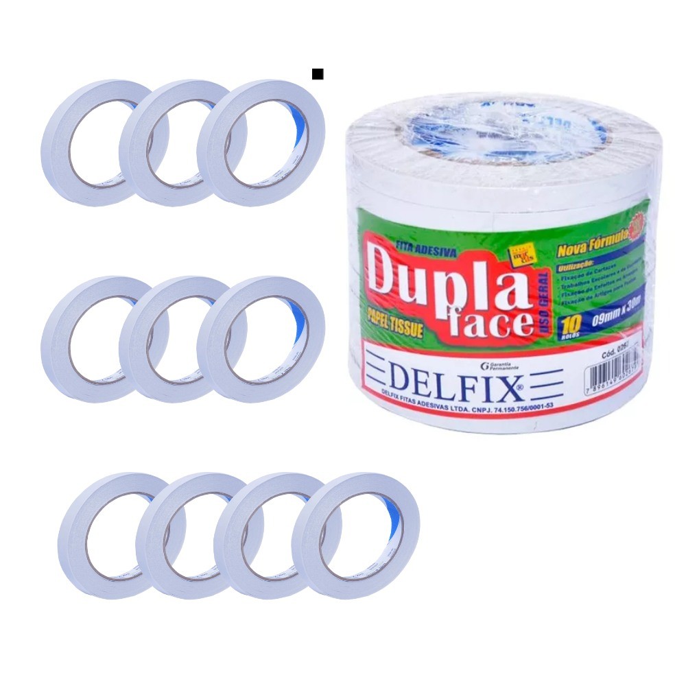Fita Adesiva Dupla Face Papel Tissue Delfix 9mm x 30m - Kit 10 Rolos ...