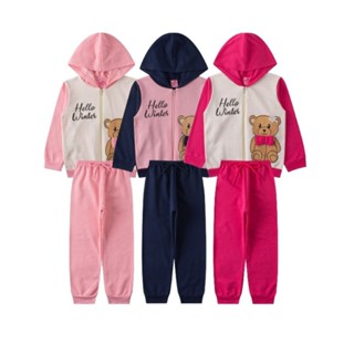 Kit 3 Conjuntos Infantil Feminino Moletom Peluciado Hello Winter - Menina Doce